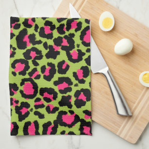 Leopard Pattern in Raspberry on Lime Green Tea Towel