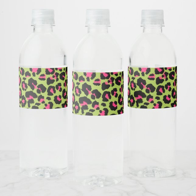 Leopard Pattern in Raspberry on Lime Green Water Bottle Label (Bottles)