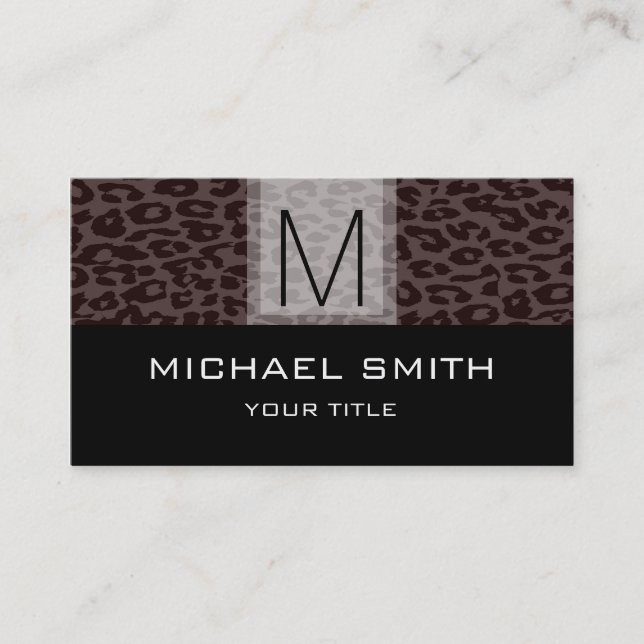 Leopard Pattern Modern Black Monogram #5 Business Card (Front)