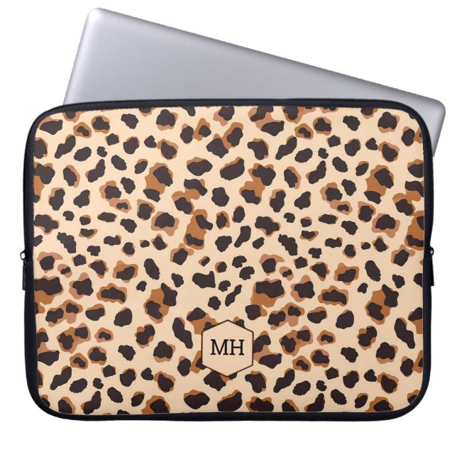 Leopard Pattern Monogram Brown Chic Initials Laptop Sleeve (Front)