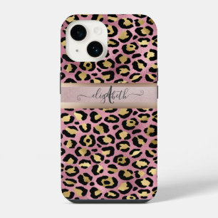 Leopard Pattern Monogram Rose Gold Black  iPhone 14 Case