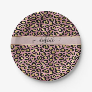 Leopard Pattern Monogram Rose Gold Black  Paper Plate