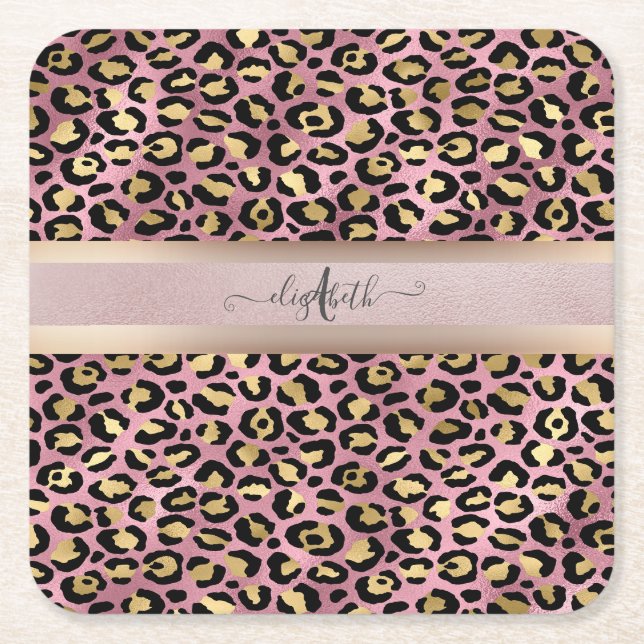 Leopard Pattern Monogram Rose Gold Black   Square Paper Coaster (Front)