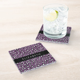 Leopard Pattern, Spots, Purple Leopard, Your Name Glass Coaster