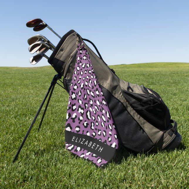 Leopard Pattern, Spots, Purple Leopard, Your Name Golf Towel (Green)