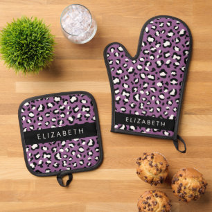 Leopard Pattern, Spots, Purple Leopard, Your Name Oven Mitt & Pot Holder Set