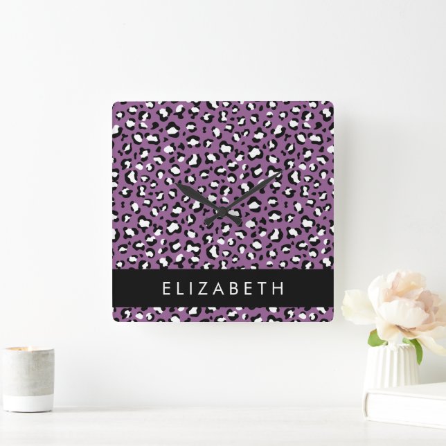 Leopard Pattern, Spots, Purple Leopard, Your Name Square Wall Clock (Home)