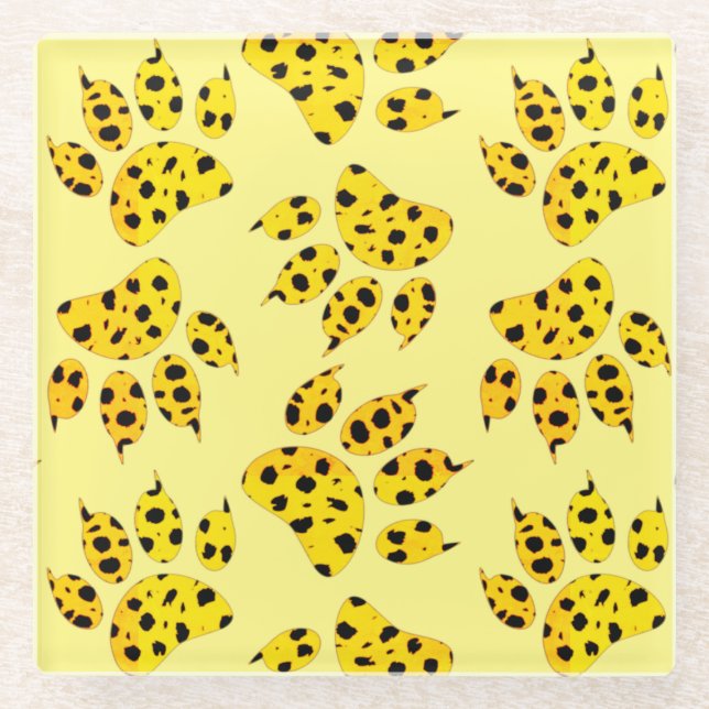 Leopard Paw Print Pattern Glass Coaster (Front)