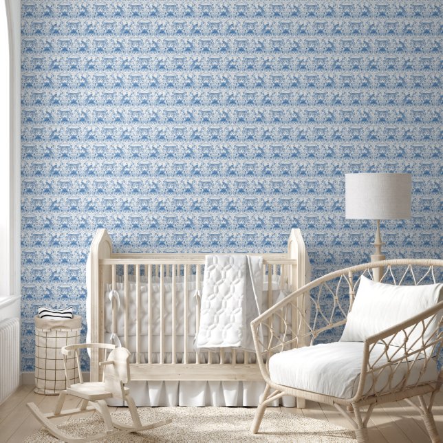 Leopard Peacock Blue and White Chinoiserie Floral Wallpaper (Kids)