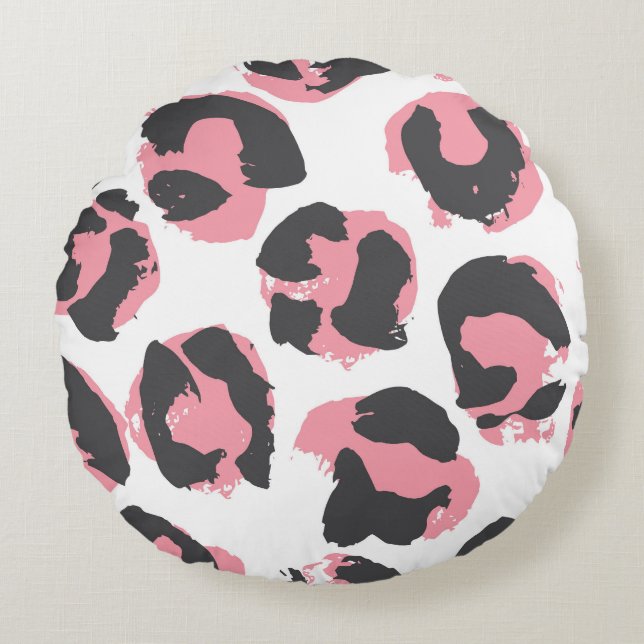 Leopard Pelt: Black Pink Texture Round Cushion (Front)