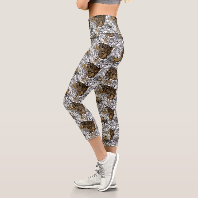 Leopard & Peonies Pattern Capri Leggings (Left)