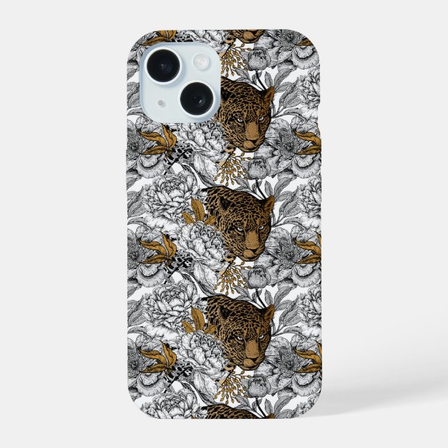 Leopard & Peonies Pattern iPhone 15 Case (Back)