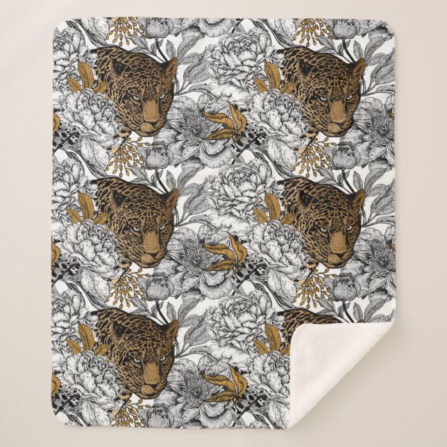 Leopard & Peonies Pattern Sherpa Blanket (Front)