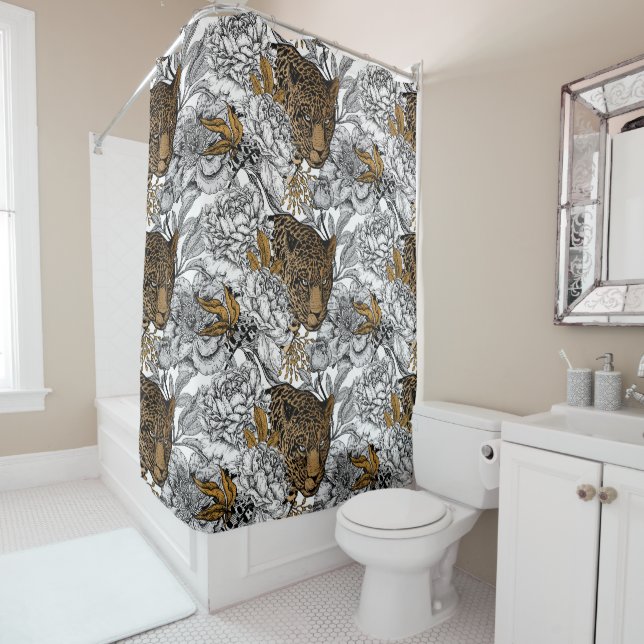 Leopard & Peonies Pattern Shower Curtain (In Situ)