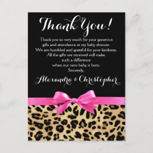 Leopard Pink Bow Girl Safari Baby Shower Thank You Postcard