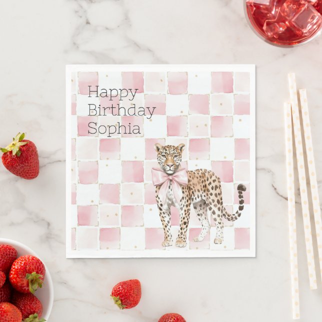 Leopard Pink Bow Squares Birthday Napkin (Insitu)