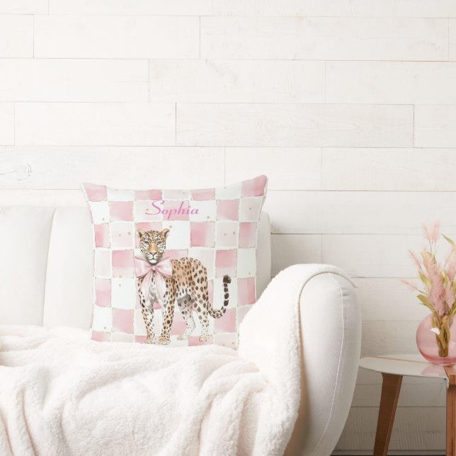 Leopard Pink Bow Squares Cushion (Couch)