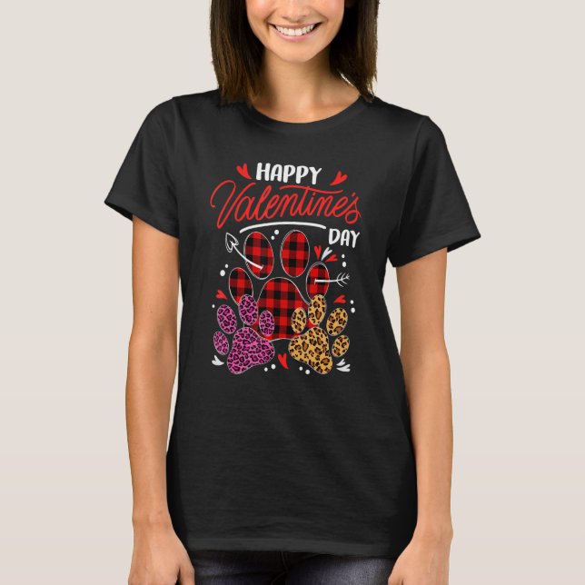 Leopard Plaid Dog Cat Paw Print Happy Valentines D T-Shirt (Front)