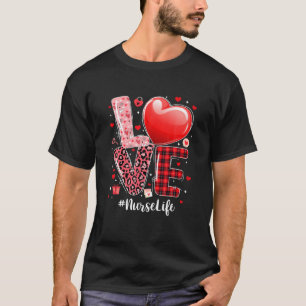 Leopard Plaid Heart Nurse Life Nursing Funny Valen T-Shirt