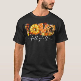 Leopard Plaid Love Fall Y'all Pumpkin Leaves Thank T-Shirt