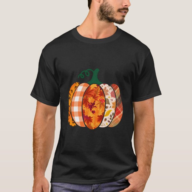Leopard Plaid Maple Leaf Pumpkin Autumn Fall Thank T-Shirt (Front)