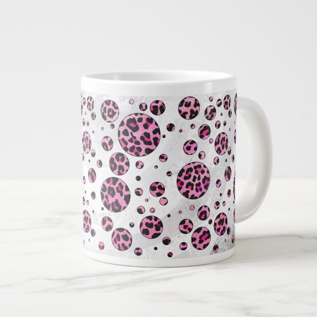 Leopard Polka Dot Black and Hot Pink Print Large Coffee Mug (Front Right)