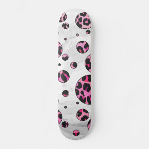 Leopard Polka Dot Black and Hot Pink Print Skateboard