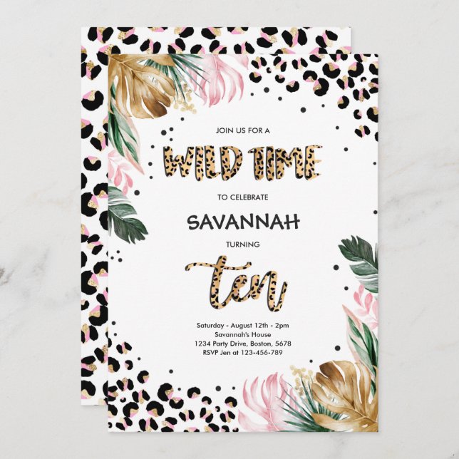 Leopard Print 10th Birthday Safari Jungle Party Invitation (Front/Back)