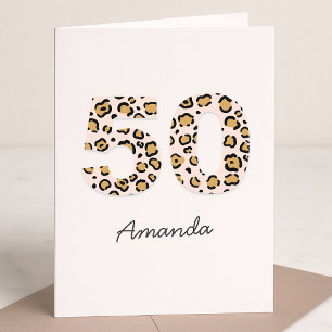 Leopard Print 50 Modern Cute Name 50th Birthday Card