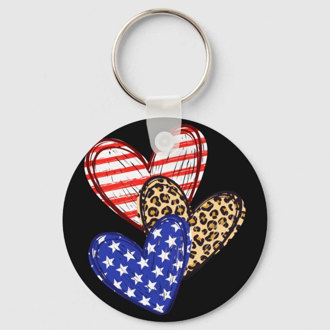Leopard print american flag hearts 4th of july key ring (Front)