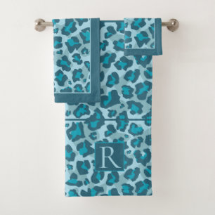 Leopard print and monogram in blue tones bath towel set