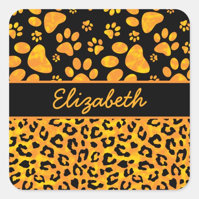 Leopard Print and Paws Orange Yellow Personalised Square Sticker (Front)