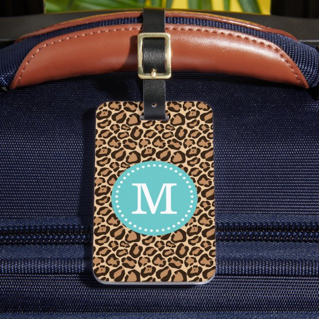 Leopard Print and Turquoise Custom Monogram Luggage Tag (Front Insitu 2)