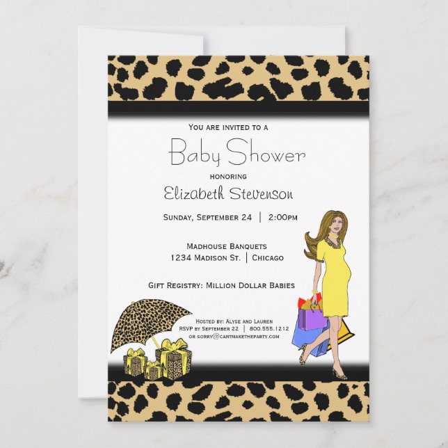 Leopard Print And Yellow Shopping Mummy Invitation (Front)