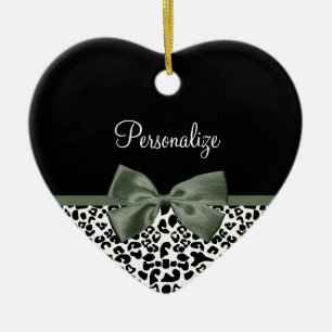 Leopard Print Animal Pattern Dark Green Bow Ceramic Tree Decoration