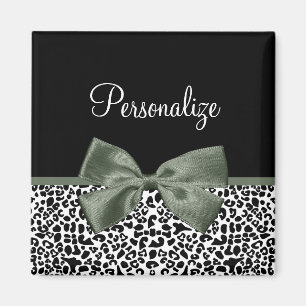 Leopard Print Animal Pattern Dark Green Bow Magnet