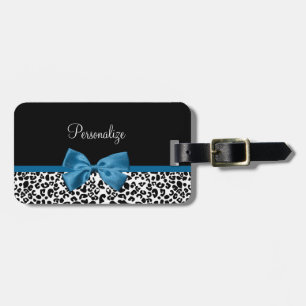 Leopard Print Animal Pattern Pretty Blue Bow Luggage Tag