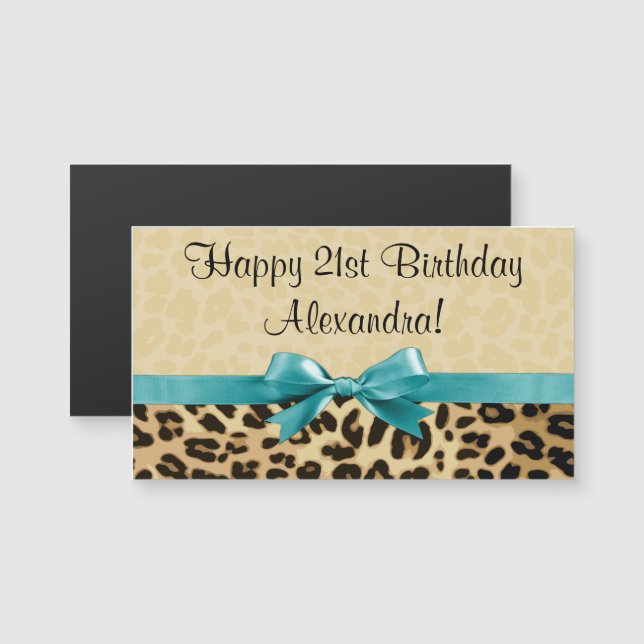 Leopard Print Aqua Blue Bow Girls Womens Birthday (Front/Back)