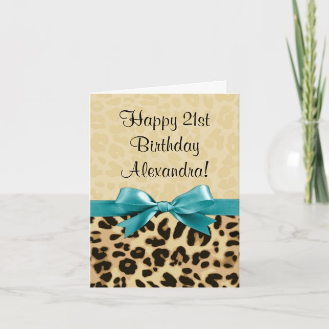 Leopard Print Aqua Blue Bow Girls Womens Birthday Card (Front)