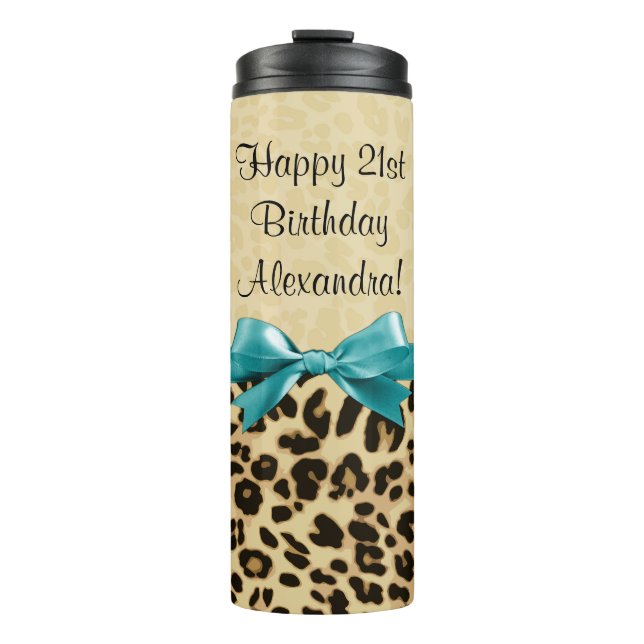 Leopard Print Aqua Blue Bow Girls Womens Birthday Thermal Tumbler (Front)