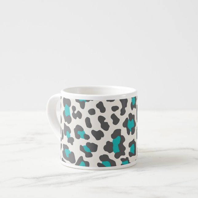 Leopard Print Aqua, Grey, White Espresso Cup (Front Left)