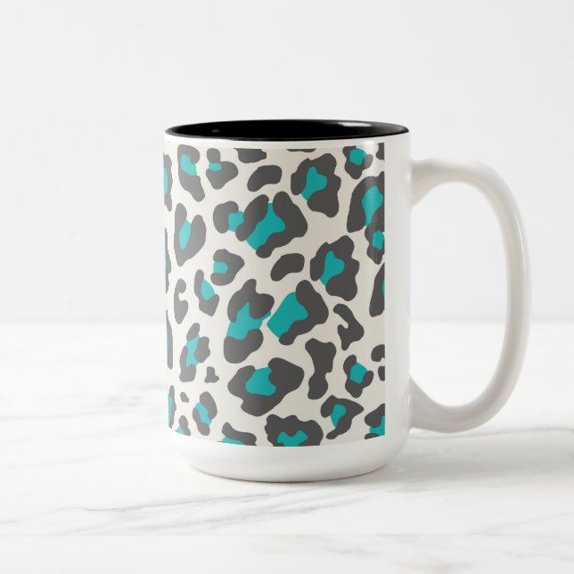 Leopard Print Aqua, Grey, White Two-Tone Coffee Mug (Right)