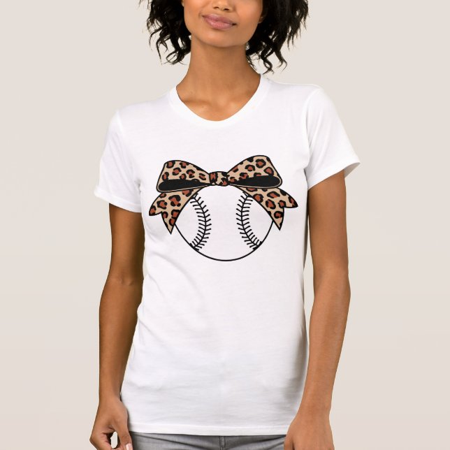 Leopard Print Baseball Bow | Trendy Sports Design T-Shirt (Front)