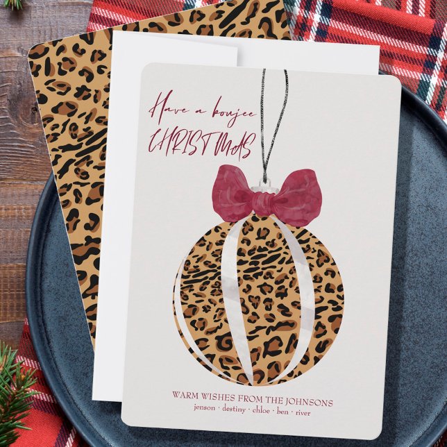 Leopard Print Bauble Burgundy Bow Boujee Christmas Holiday Card (Creator Uploaded)