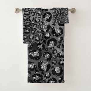 Leopard Print Black and Silver Grey Bath Towel Set