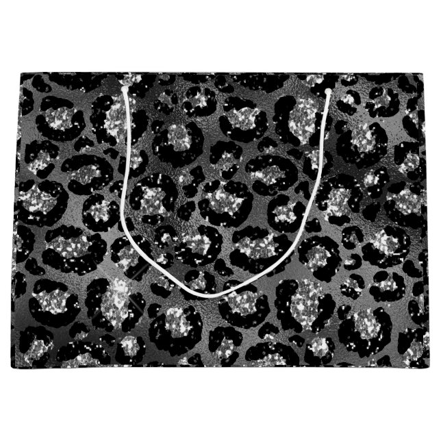 Leopard Print Black and Silver Grey Large Gift Bag (Front)