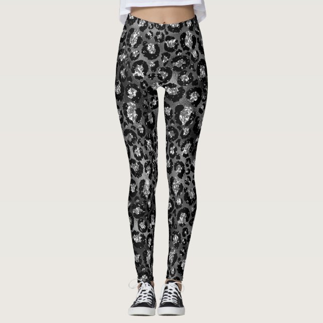 Leopard Print Black and Silver Grey Leggings (Front)