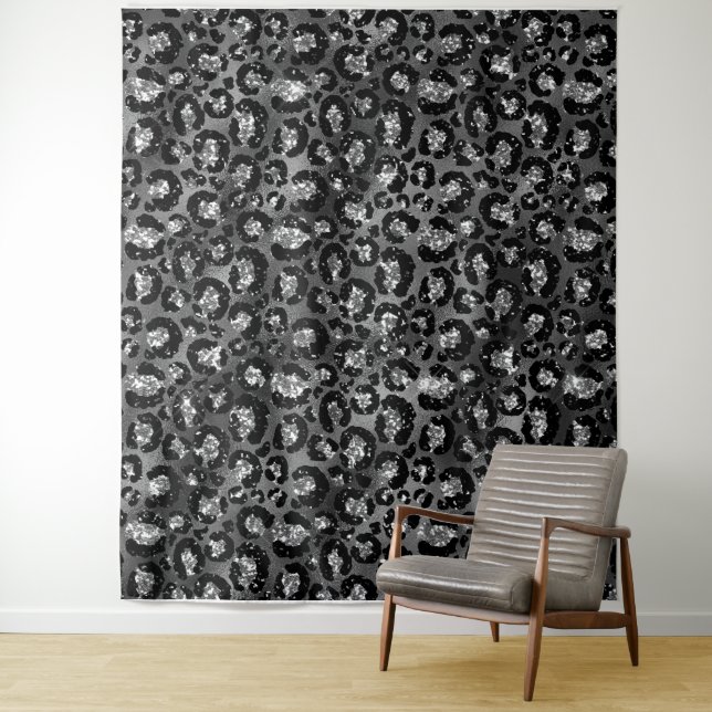 Leopard Print Black and Silver Grey Tapestry (In Situ)