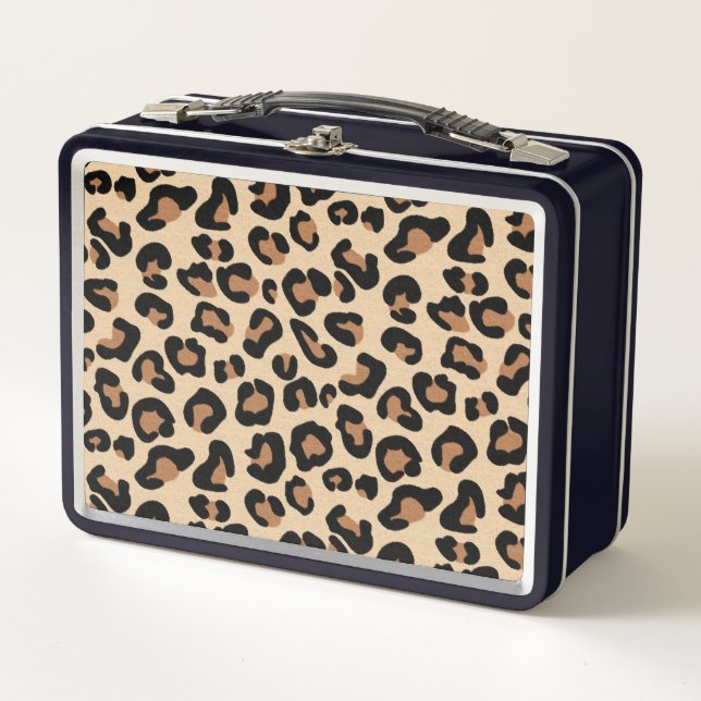 Leopard Print, Black, Brown, Rust and Tan Metal Lunch Box (Front)