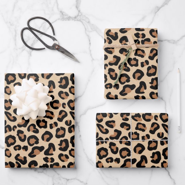 Leopard Print, Black, Brown, Rust and Tan Wrapping Paper Sheet (Front)